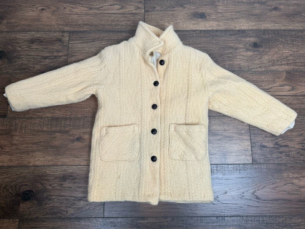 Boyne Valley Weavers Irish Womens Cream Wool Knit Fisherman Sweater Coat Small